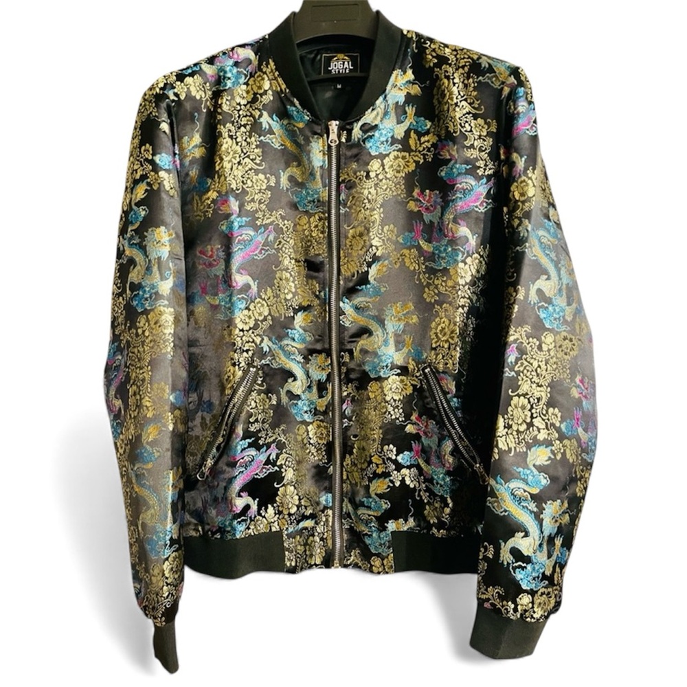 UNISEX NWOT Designer Jogal Style Black&Gold silk Dragon zipper Bomber Jacket “S”